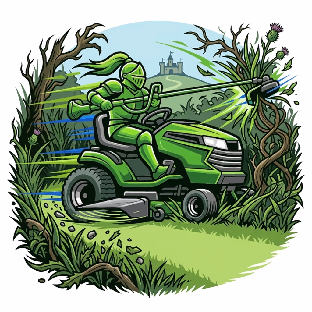 Cartoon illustration of The Green Knight mowing an overgrown kingdom