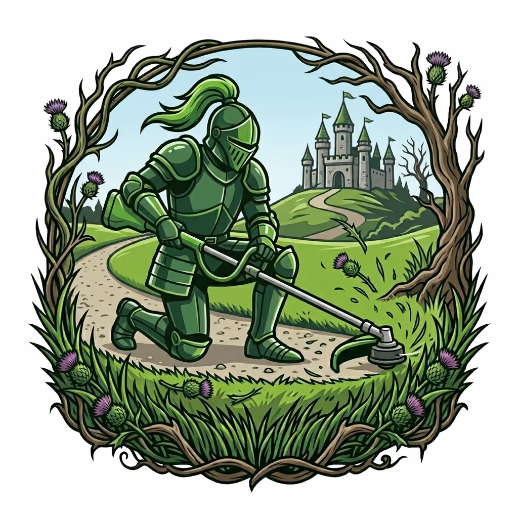 Cartoon illustration of The Green Knight on one knee carving a path out of overgrown bush