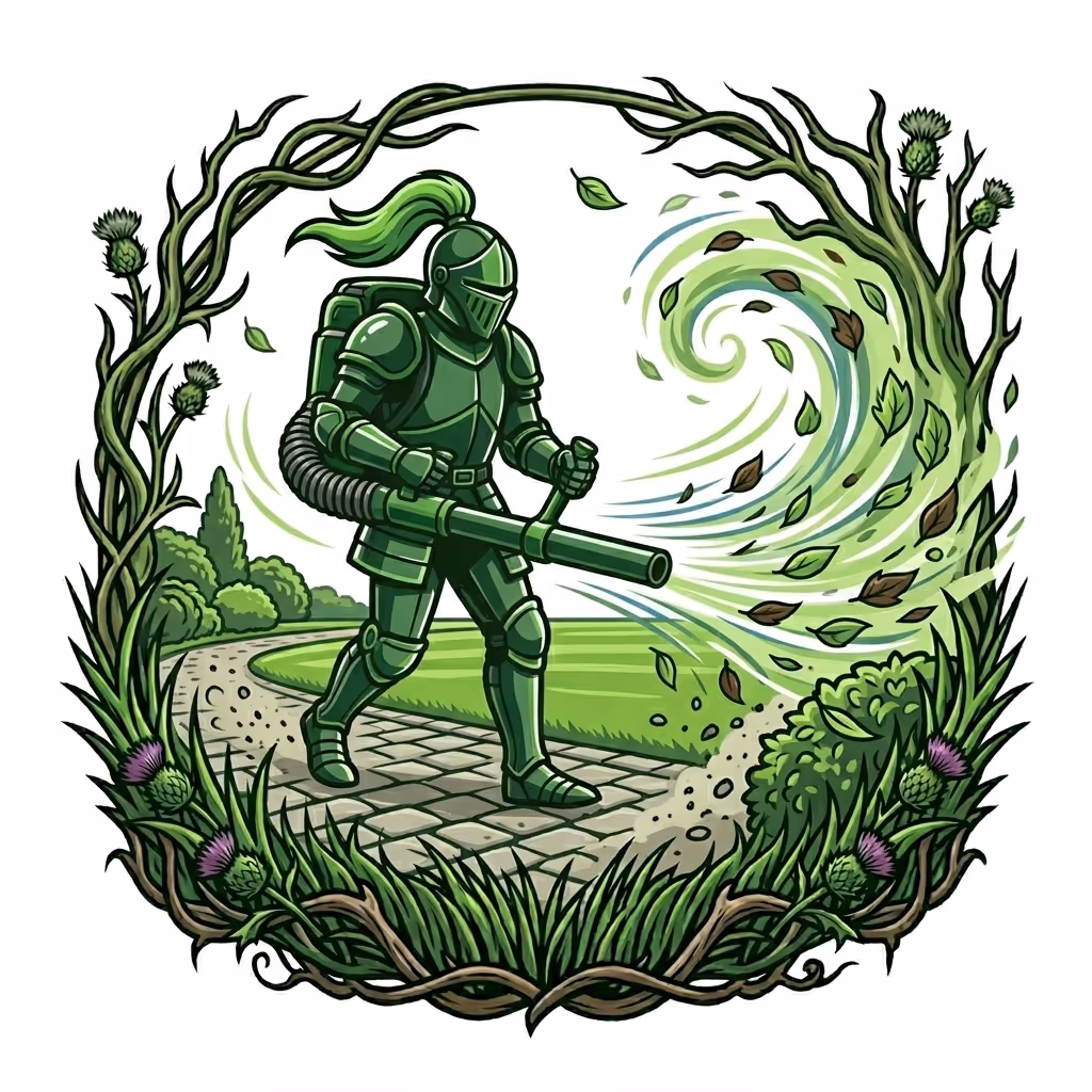 Cartoon illustration of The Green Knight with a leaf blower clearing a cobblestone path